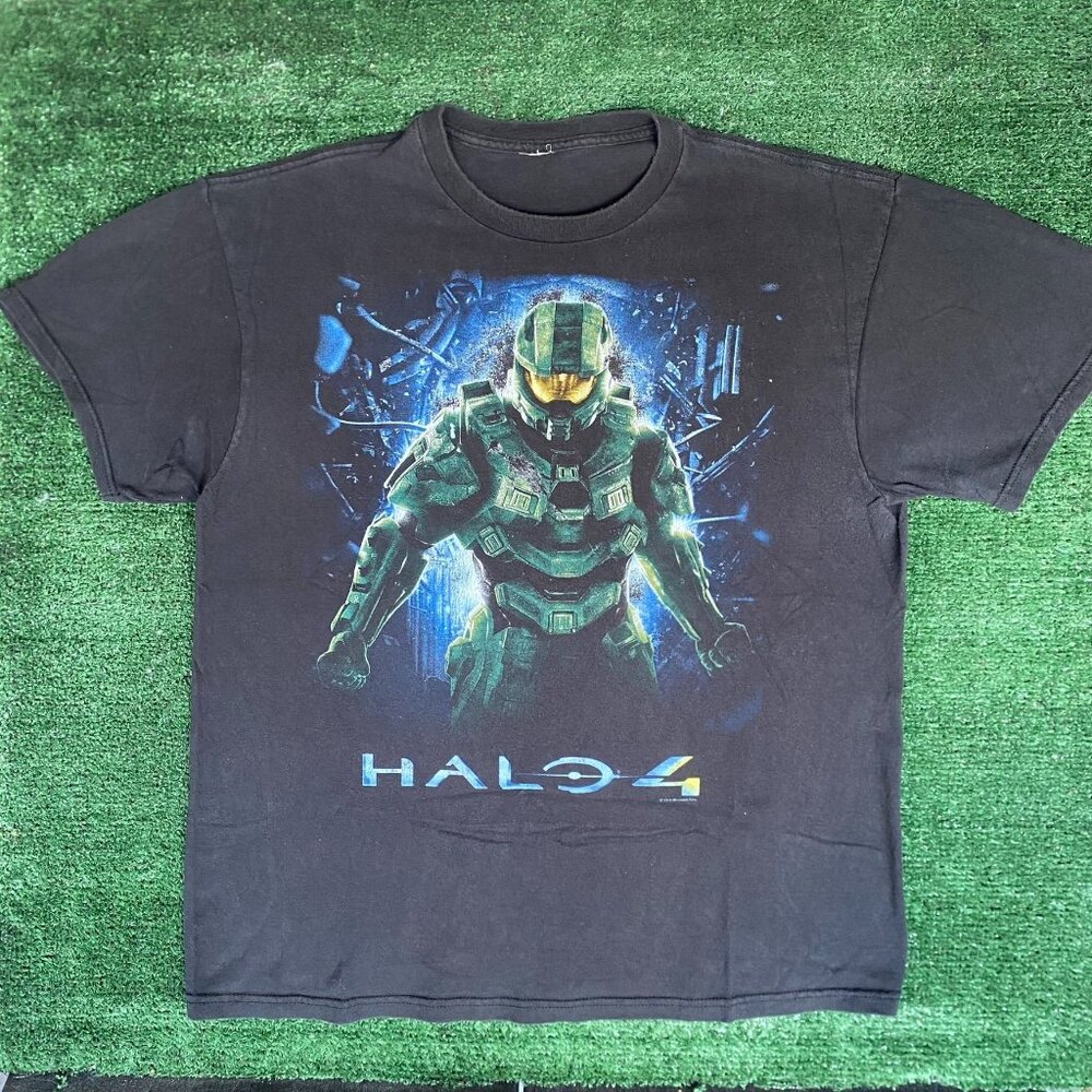 Vintage Y2K Halo 4 Master Chief T-Shirt XBOX Gamer Logo Boxy Faded Black